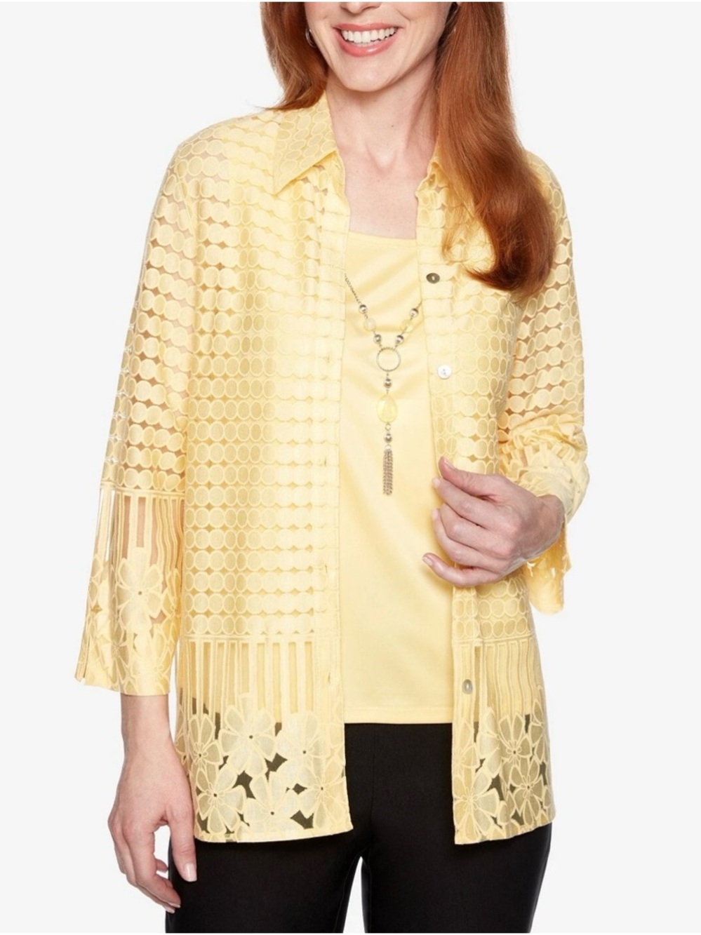 Alfred Dunner Yellow Lace Overlay Button-Front Shirt